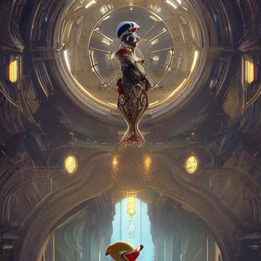 Image similar to ultra realistic illustration of cyborg donald duck, warframe, intricate, futuristic persian palace, elegant, highly detailed, digital painting, artstation, concept art, smooth, sharp focus, illustration, art by artgerm and greg rutkowski and alphonse mucha