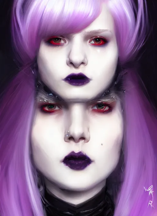 Image similar to portrait of white teenage girl, normal face, white bangs, mall goth, cyberlox, black and white hair, bangs, fluffy bangs, red contact lenses, purple lipstick, intricate, elegant, highly detailed, digital painting, artstation, concept art, sharp focus, smooth, illustration, art by wlop, mars ravelo and greg rutkowski