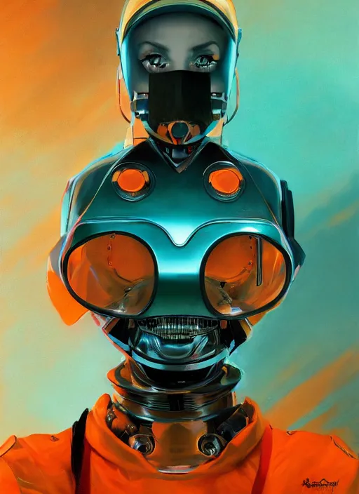 Image similar to symmetry!!! closeup portrait of a cyborg chef girl, fashion racing jumpsuit with shiny shoulder pads, cinematic light, windy, teal orange, volumetric smoke, mist, by gerald brom, by mikhail vrubel, by peter elson, muted colors, extreme detail, trending on artstation, 8 k