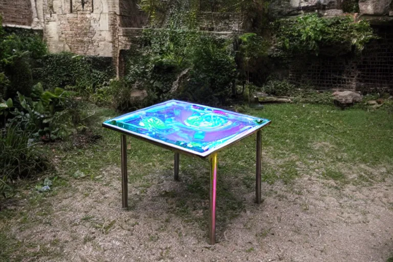 Image similar to hologram al fresco pinball table in the garden ruins, fantasy street urchins gathered round