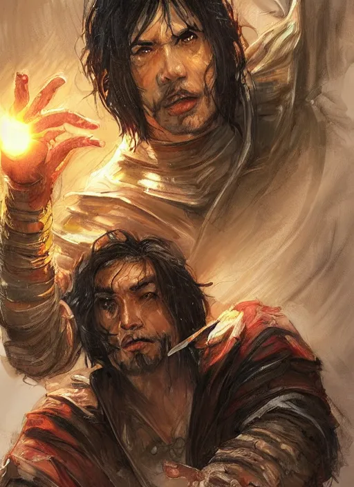 Image similar to asian with medium black hair man sitting at his desk looking down at belly, low angle, camera low, dndbeyond, bright, colourful, realistic, dnd character portrait, full body, pathfinder, pinterest, art by ralph horsley, dnd, rpg, lotr game design fanart by concept art, behance hd, artstation, deviantart, hdr render in unreal engine 5