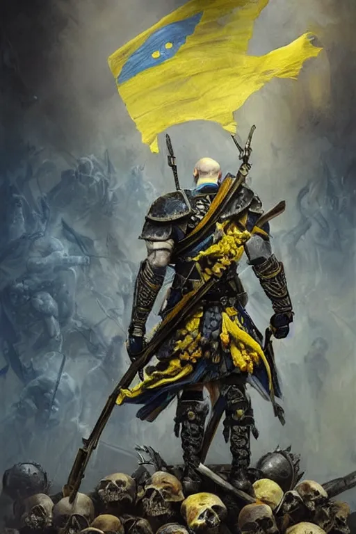 Image similar to a distant shot from behind of a Ukrainian super soldier with blue and yellow flag behind him standing alone on a huge pile of skulls as a winner, masculine muscular figure, D&D, fantasy, intricate, elegant, highly detailed, extremely detailed, digital painting, artstation, concept art, matte, sharp focus, symmetrical, illustration, art by Artgerm and Greg Rutkowski and Alphonse Mucha