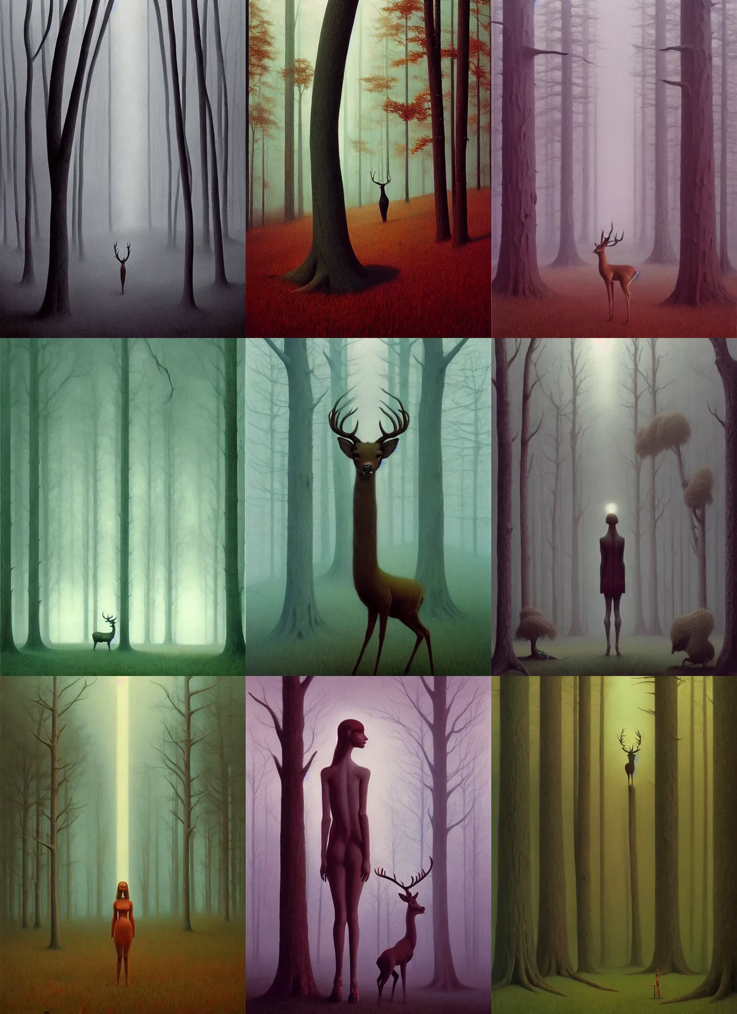 Prompt: an elegant deer horned girl stands tall and majestic in the soft fog of the infinitely branching trees, Edward Hopper and James Gilleard, Zdzislaw Beksinski, Mark Ryden, Wolfgang Lettl highly detailed, hints of Yayoi Kasuma