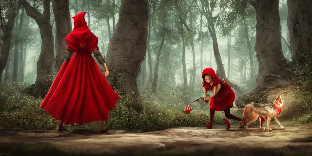 Prompt: an insanely intricate detailed beautifull 3 d render of little red riding hood and the wolf, unreal engine, octane render, redshift, 8 k resolution, cell shaded rendering, soft dramatic lighting, cinematic, subsurface scattering, anti aliashing, by disney