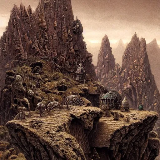 Prompt: filigree landscape, rocks, steampunk mountains, trinkets, beksinski