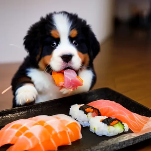 Prompt: Bernese Mountain Dog puppy eating nigiri sushi at a Japanese restaurant