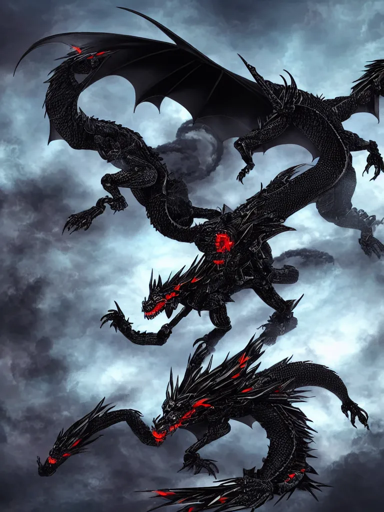 Prompt: a robotic black dragon attacks