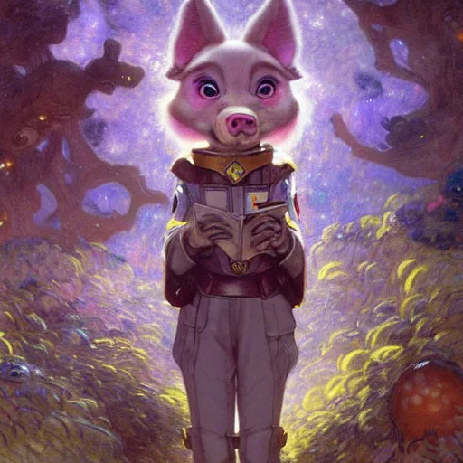 Image similar to a female pig wolf canine in starfleet uniform at night in a dark forest. zootopia fursona furaffinity furry art detailed face painting by gaston bussiere craig mullins jc leyendecker gustav klimt artgerm greg rutkowski furry