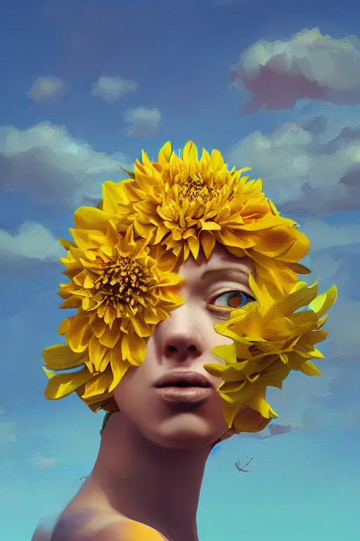 Image similar to closeup girl with huge yellow dahlia flower under face, on beach, surreal photography, blue sky, sunrise, dramatic light, impressionist painting, digital painting, artstation, simon stalenhag