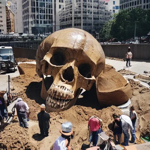 Image similar to photo of a giant skull being excavated in the middle of the city while the media gathers around it, trending on facebook, high definition, cinematic, 8 k