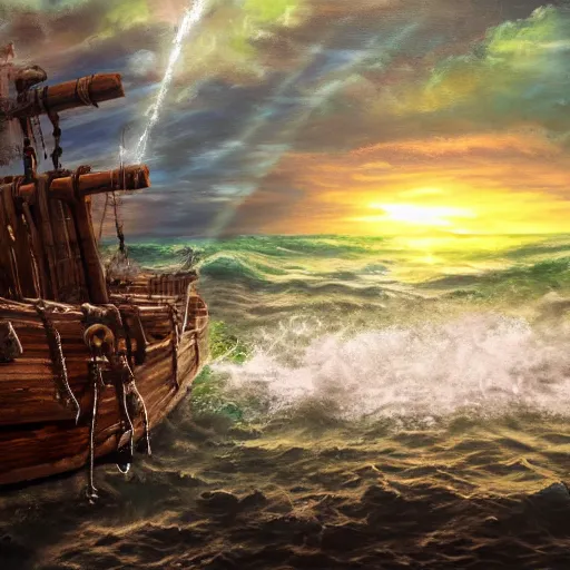 Image similar to wooden shipwreck of old pirate ship on rocks at sea, dramatic lighting, sun beams, god rays illuminating wreck, dark background, gloomy green sea, fantasy art, painting, concept art, oil painting, brushstrokes