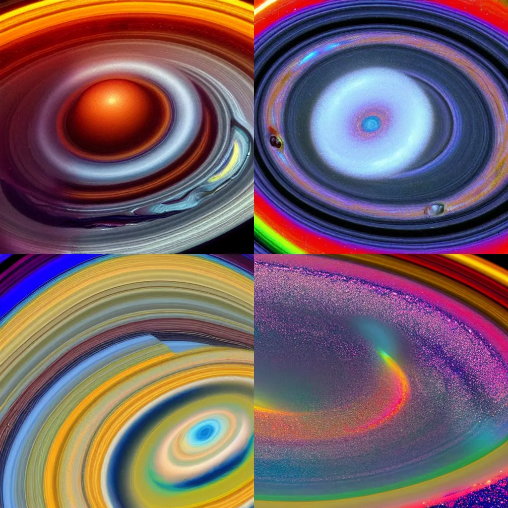 Prompt: new pictures from NASA; saturns rings falling onto itself and exploding into a rainbow glitter wormhole, viewed from afar with very pretty tones inspired by the best oil paintings there are