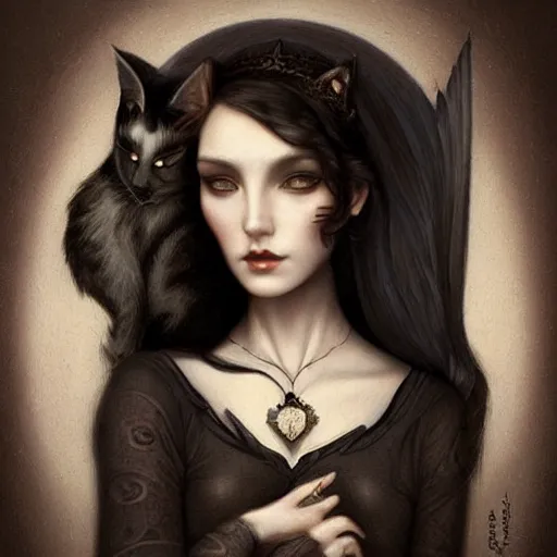 Image similar to a painting of a woman with a cat on her shoulder, a character portrait by tom bagshaw, featured on deviantart, gothic art, wiccan, lowbrow, goth