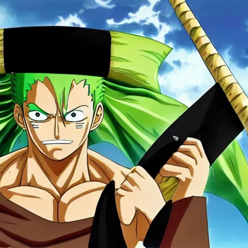 Prompt: zoro from one piece using three giant bananas as swords, anime, full color