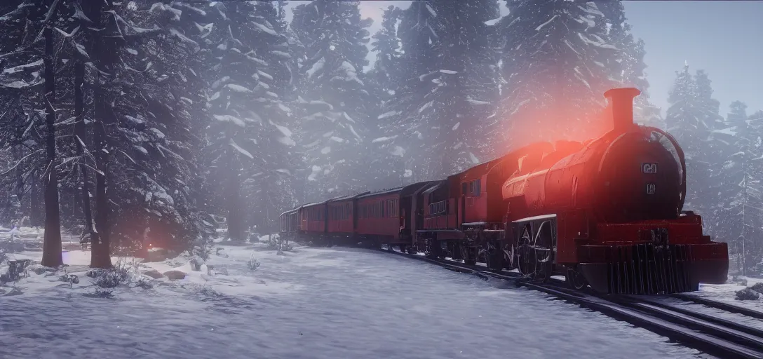 Image similar to A train in red dead redemption 2, screenshot, high quality image, widescreen, in-game engine, 8k, octane render, by greg rutkowski