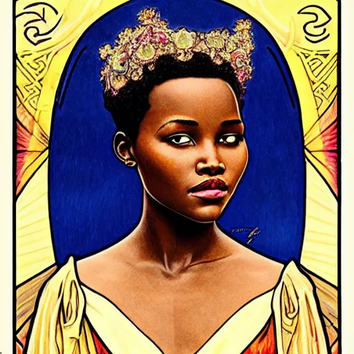 Image similar to lupita nyong'o portrait by louis - theophile hingre and alphonse mucha, realistic, sharp focus, zodiac signs, tarot cards, planets, ethereal, art nouveau, magic, moon, sun, crown, dreamy, royal, jewellery