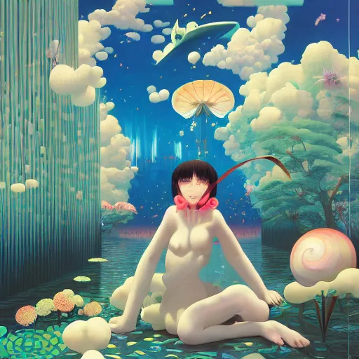 Image similar to Chiho Aoshima, minimalistic, hyperrealistic surrealism, award winning masterpiece with incredible details, epic stunning, infinity pool, a surreal vaporwave liminal space, highly detailed, trending on ArtStation, artgerm and greg rutkowski and alphonse mucha, daily deviation, IAMAG, broken giant marble head statue ruins, nightscape, milkyway