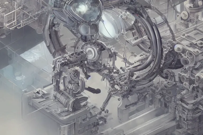 Prompt: hyperrealistic photography of a machine being constructed by a female scientist in the style of Jin Kagetsu, James Jean and wlop, highly detailed, masterpiece, award-winning, sharp focus, intricate concept art, digital painting, ambient lighting, 4k, artstation