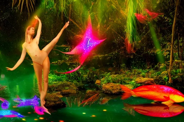 Prompt: ethereal glowing goddess dancing on a pond in the jungle surrounded by colorful glowing flying fish at night cinematic