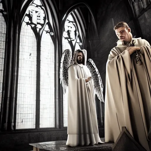 Image similar to angel protecting man who is praying inside a gothic church, cinematic style, 4K highly detailed, light studio style