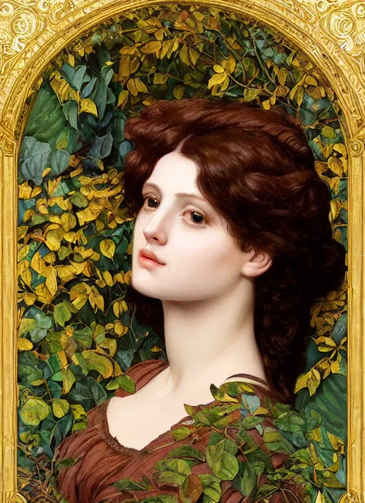 Prompt: masterpiece beautiful seductive flowing curves preraphaelite face portrait amongst leaves, extreme close up shot, straight bangs, thick set features, yellow ochre ornate medieval dress, magpie, amongst foliage mushroom forest circle arch framing, frederic leighton and kilian eng and rosetti, 4 k