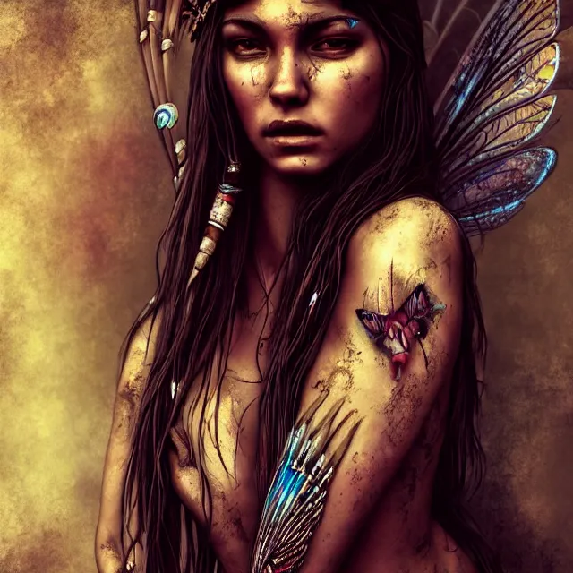 Image similar to full body pose, beautiful adult native american fairy, dirty, grungy, grunge, highly detailed, 4 k, hdr, smooth, sharp focus, high resolution, award - winning photo, artgerm, photorealistic