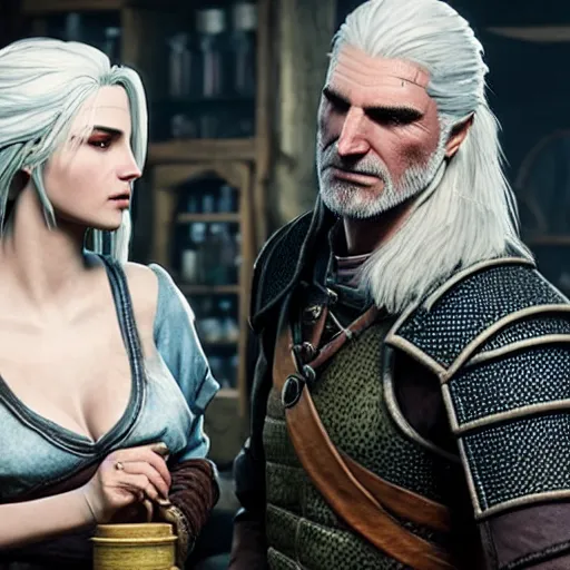 Image similar to geralt of rivia teaching ciri how to make potions in an alchemy lab, stunning 3 d render, perfect facial symmetry, flesh texture, realistic, highly detailed attributes and atmosphere, dim volumetric cinematic lighting, 8 k octane detailed render, post - processing, masterpiece, rtx on, rendering on unreal engine