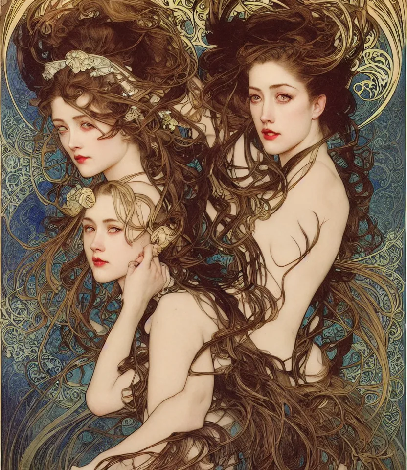 Prompt: detailed portrait of amber heard by alphonse mucha, ayami kojima, yoshitaka amano, charlie bowater, karol bak, greg hildebrandt, jean delville, and mark brooks, art nouveau, pre - raphaelite, neo - gothic, gothic, art nouveau, intricate fine details, exquisite, rich deep moody colors, beautiful detailed background