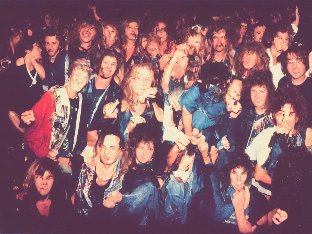 Image similar to 80s polaroid colour flash photograph of 80s rock concert