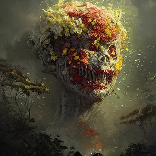 Image similar to a beautiful terrifying monster made out of flowers. ethereal horror fantasy art by greg rutkowski