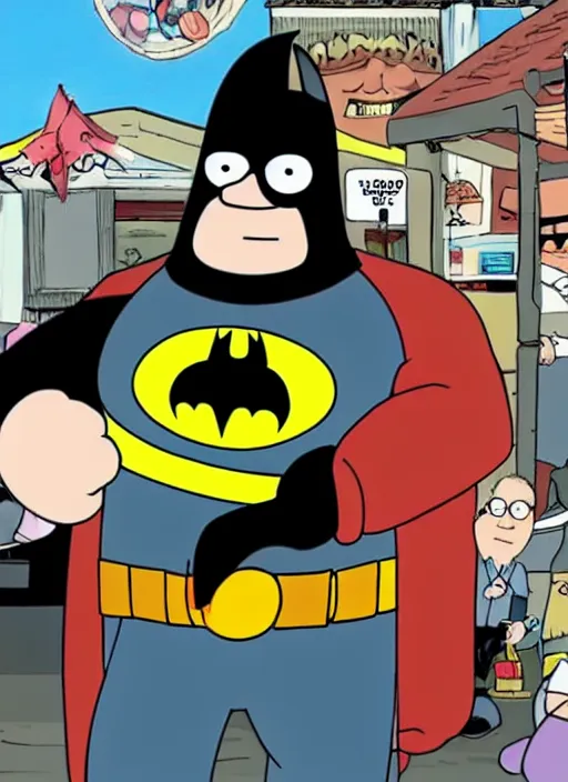 Image similar to peter griffin, wears batman costume, cartoon edition,