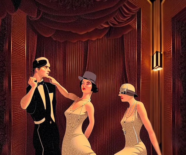 Prompt: a beautiful classy partying couple, dimly lit upscale 1920s speakeasy, relaxed pose, art deco, detailed painterly digital art style by Tim Doyle, retro vibe, 🍸, 8k octane beautifully detailed render, post-processing, extremely hyperdetailed, intricate, epic composition, grim yet sparkling atmosphere, cinematic lighting + masterpiece, trending on artstation, very detailed, vibrant colors, Art Nouveau, masterpiece, romanticism