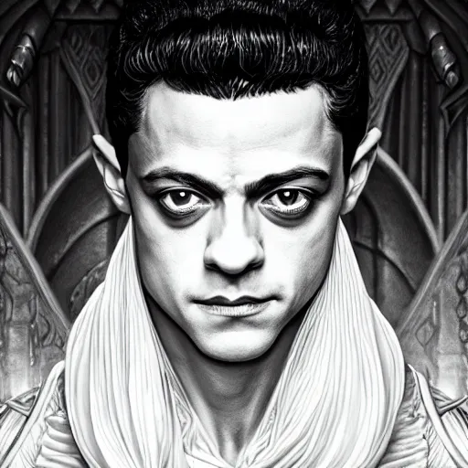Prompt: a detailed fantasy character portrait of Rami Malek as egyptian king of arts by lauri blank, artgerm, evelyn de morgan, 8K, 50mm lens
