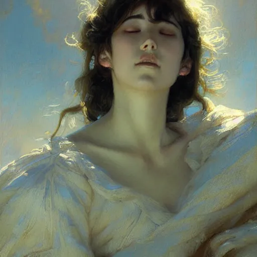 Prompt: detailed portrait of peaceful anime girl graceful, eyes closed, painting by gaston bussiere, craig mullins, j. c. leyendecker