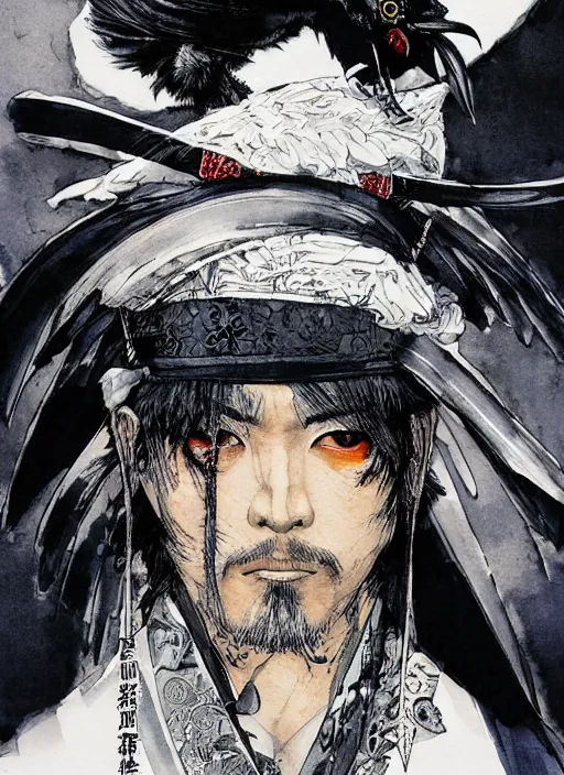 Image similar to portrait of a raven samurai, by takehiko inoue and kim jung gi and hiroya oku, masterpiece ink illustration,