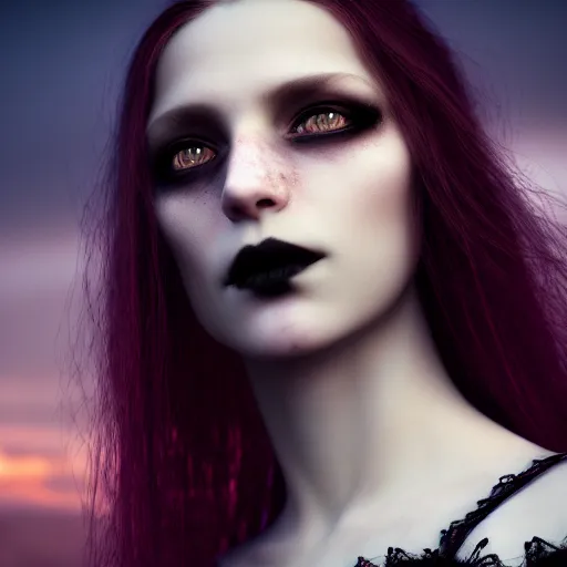 Image similar to photographic portrait of a stunningly beautiful gothic vampire female in soft dreamy light at sunset, contemporary fashion shoot, by edward robert hughes, annie leibovitz and steve mccurry, david lazar, jimmy nelsson, breathtaking, 8 k resolution, extremely detailed, beautiful, establishing shot, artistic, hyperrealistic, beautiful face, octane render