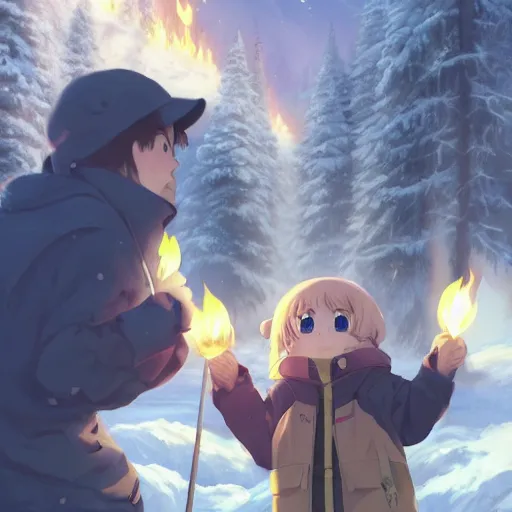 Image similar to yuru camp anime campfire hyperdetailed blue eyes, trending on artstation, cinematic lighting, highly realistically detailed, trending on pixiv , Unreal Engine 4k, detailed faces, manga cover, official anime key visual by greg rutkowski