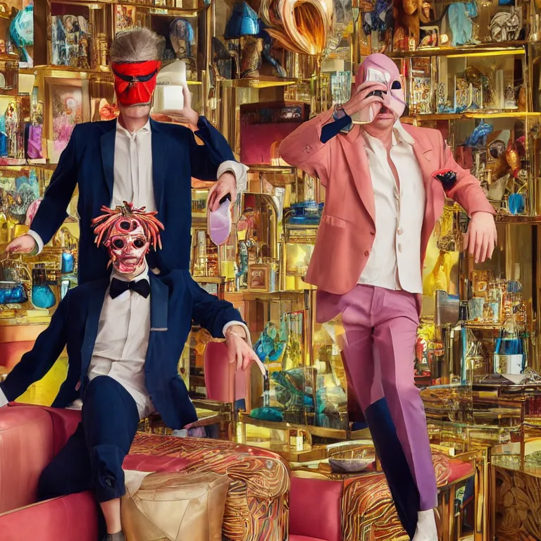 Prompt: vogue photoshoot octane render portrait by wayne barlow and carlo crivelli and glenn fabry, a handsome eccentric man in a bright colorful pastel wes anderson uniform inside and a black robber mask inside a high - end exotic vintage boutique hotel bar, very short depth of field, bokeh