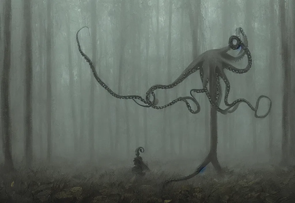 Image similar to an octopus in a dense forest, night, foggy, rain, gloomy, mysterious, artstation, jakub rozalski, high detail