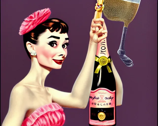 Image similar to audrey hepburn as a cancan dancer with a big bottle of champagne in art deco style, nicoletta ceccoli, mark ryden, lostfish, max fleischer, hyper realistic, artstation, illustration, digital paint, matte paint, vivid colors, bright, cheerful, detailed and intricate environment