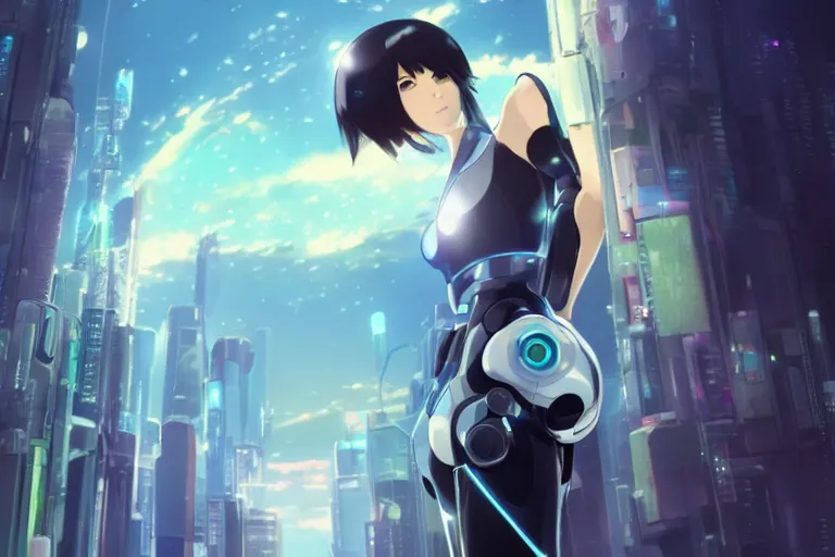 Prompt: makoto shinkai. robotic android girl. futuristic cyberpunk. dystopia. vibrant nebula sky. full robotic andorid cybernetics body.