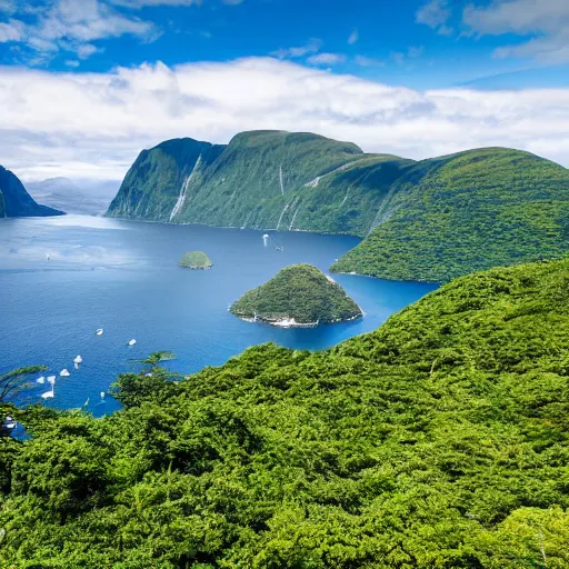 Prompt: high resolution camera capture of a a verdant large island with fjords and mountains