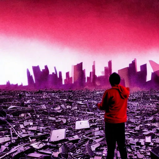 Prompt: a person watching the end of the world, red-purple gradient map, dystopian city, debris, dramatic photograph