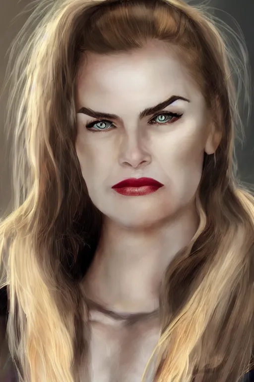 Image similar to mix of beautiful young maria shriver, mariel hemmingway, brooke shields, nicole kidman and elle macpherson as a vampire showing vampire teeth, ready to bite, thin lips, hair tied up in a pony tail, dark blonde hair, colorful, deviantart, artstation, cgsociety