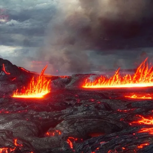 Prompt: movie still of an epic battle, lava in the background, highly-detailed, establishing shot, realistic
