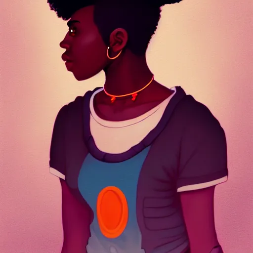 Image similar to Portrait design of afropunk urban character in a street, medium shot, asymmetrical, profile picture, painting by Lois van Baarle, trending on artstation,