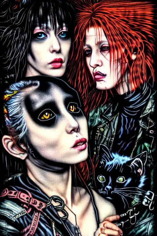 Prompt: punk rock girls kissing and making selfie with black cats in jungle , 1980 style by Ayami Kojima, mad max jacket, post apocalyptic, Cyberpunk, renaissance, Gothic, mystic, highly detailed, digital painting, 4k, fog, oil painting by Leonardo Da Vinci, hyper realistic style, fantasy by Olga Fedorova