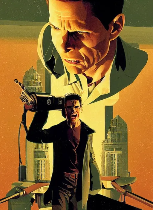 Image similar to poster artwork by Michael Whelan and Tomer Hanuka, Karol Bak of Tom Cruise screaming due to his mind expanding too much, from scene from Twin Peaks, clean, simple illustration, nostalgic, domestic, full of details