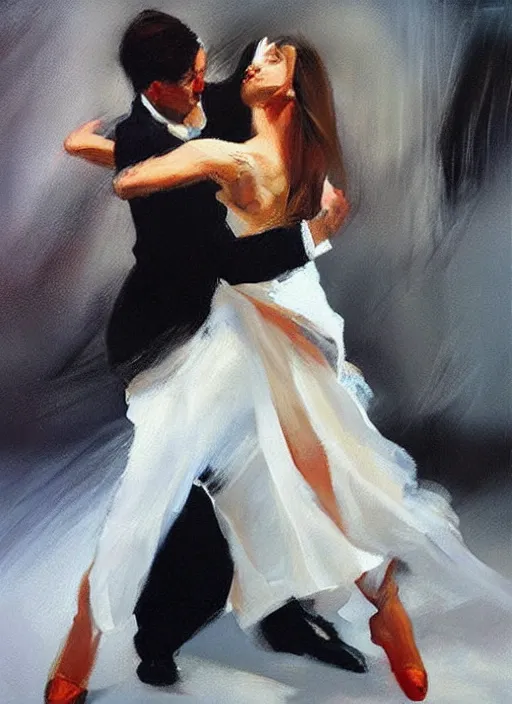 Image similar to tango dancerin in white dress, painting by phil hale, fransico goya,'action lines '!!!, graphic style, visible brushstrokes, motion blur, blurry, visible paint texture, crisp hd image