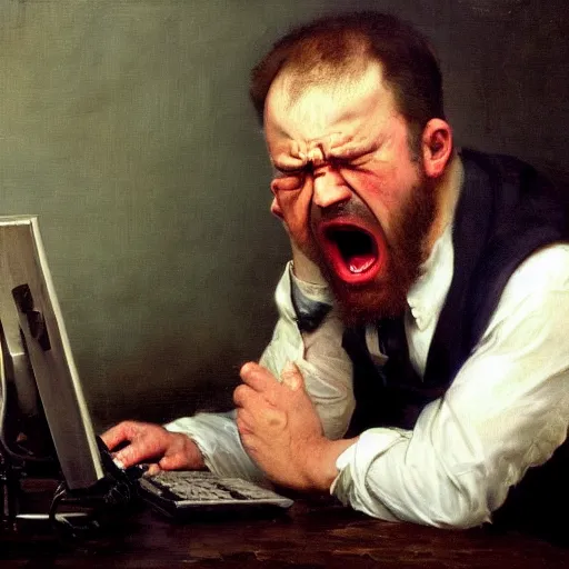 Image similar to an angry man yells at his computer monitor, oil on canvas, 1 8 8 3, highly detailed, high resolution